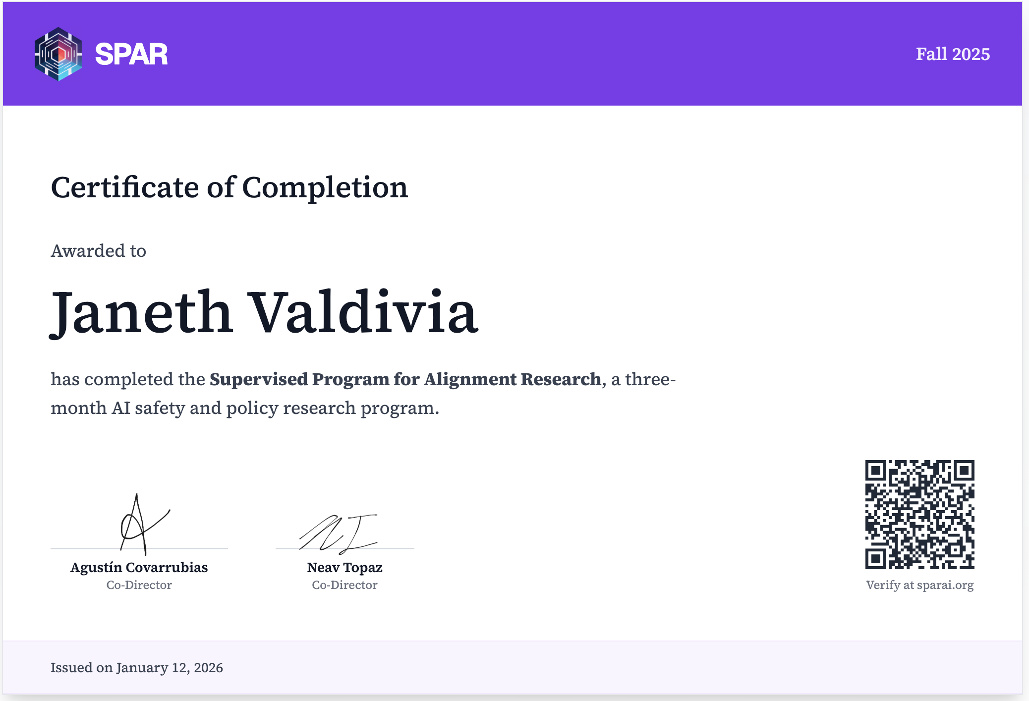 Certificado SPAR — Janeth Valdivia