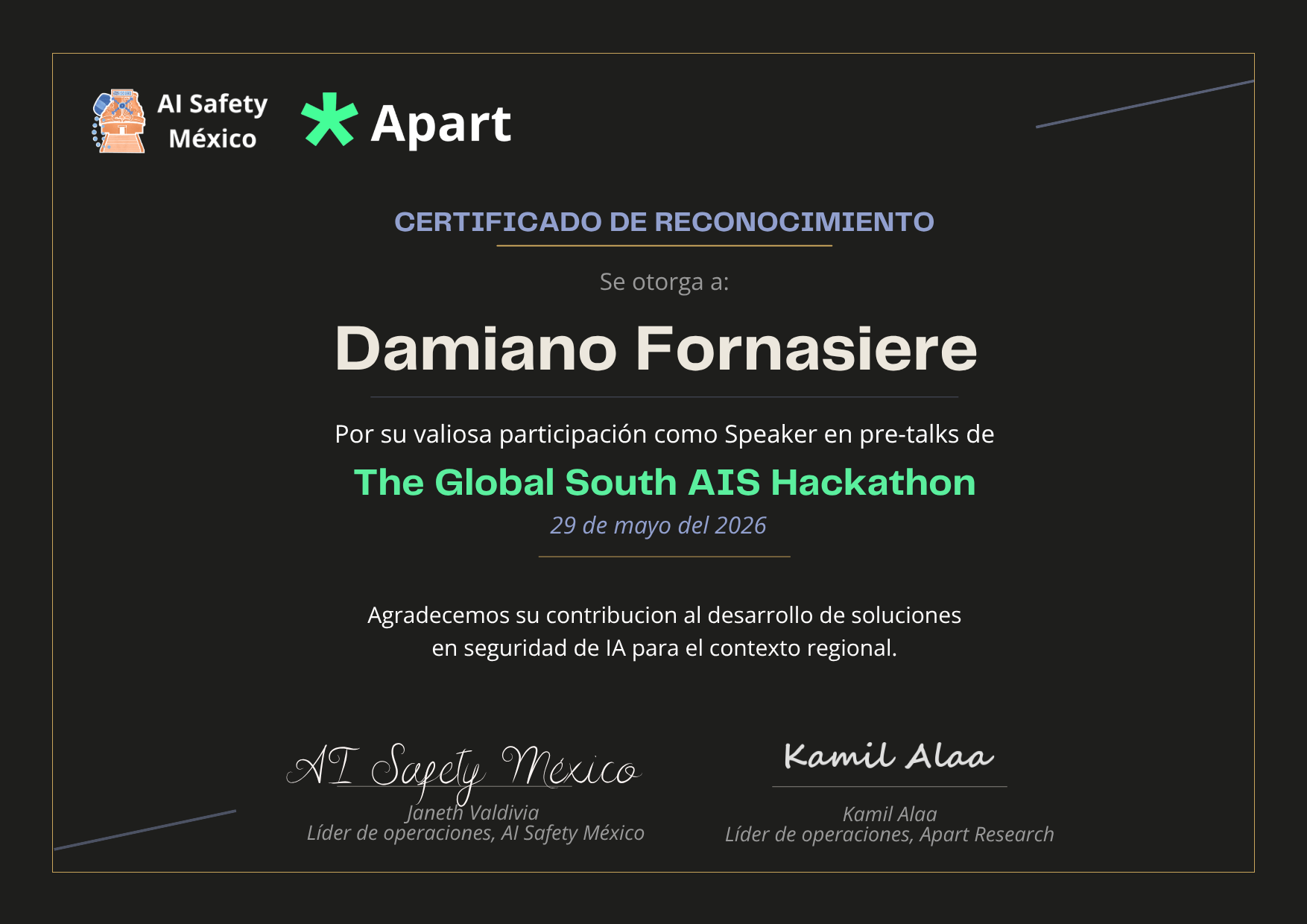 Certificado de Damiano Fornasiere