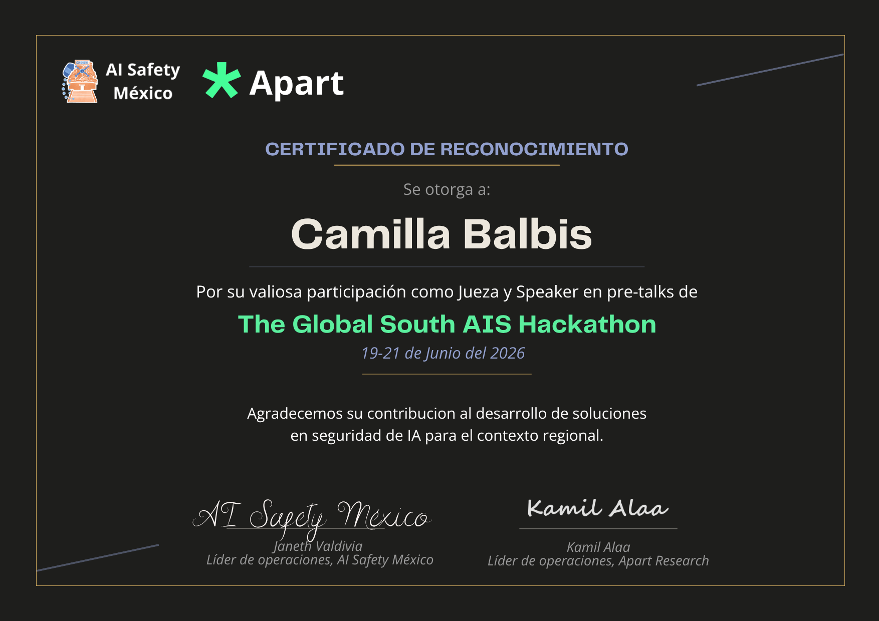 Certificado de Camilla Balbis