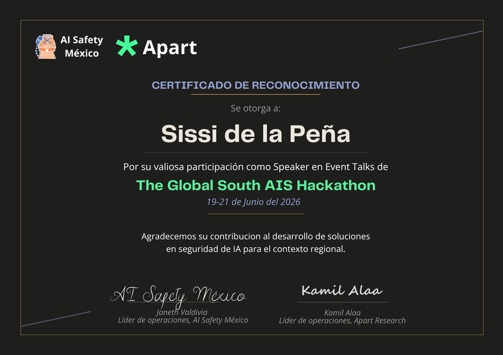 Certificado de Sissi de la Peña