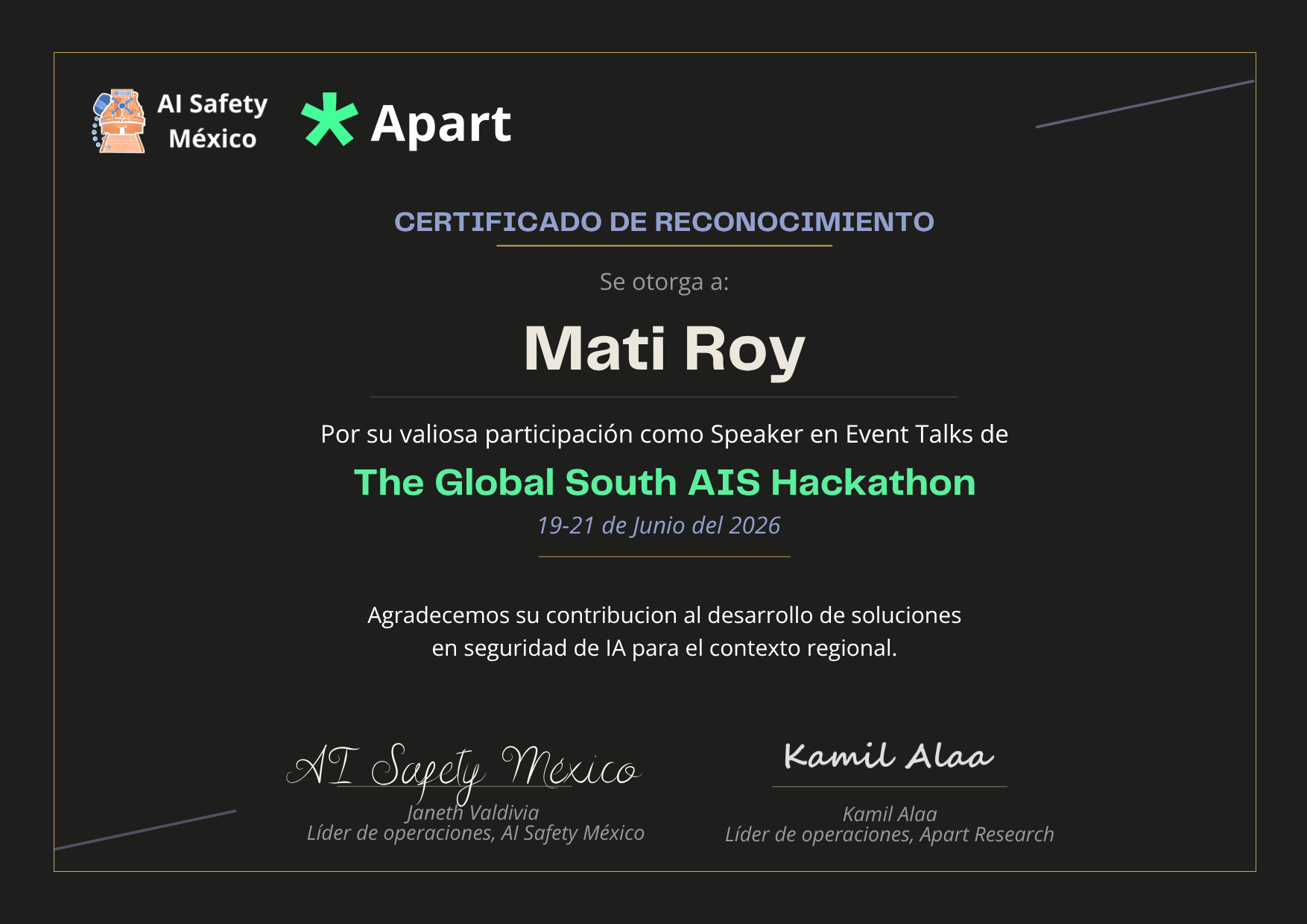Certificado de Mati Roy