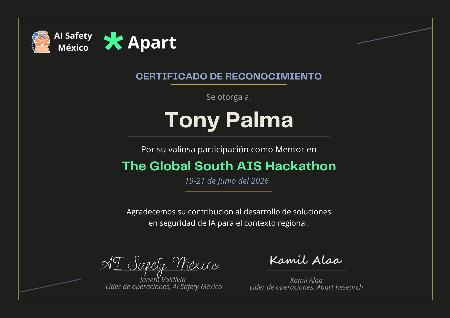 Certificado de Tony Palma