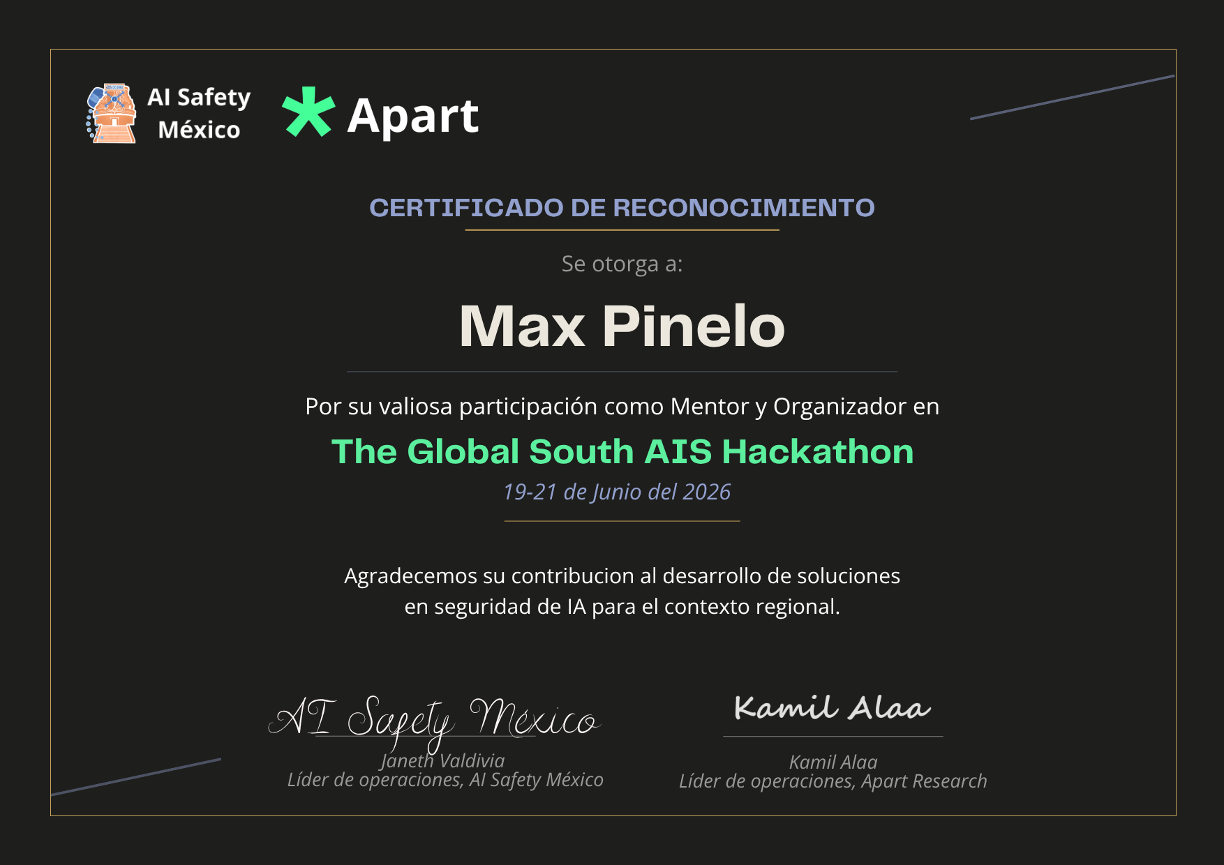 Certificado de Max Pinelo