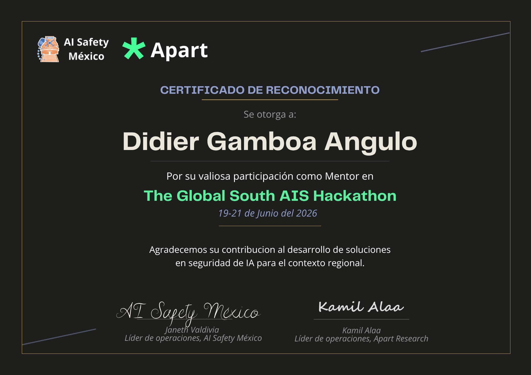Certificado de Didier Gamboa Angulo