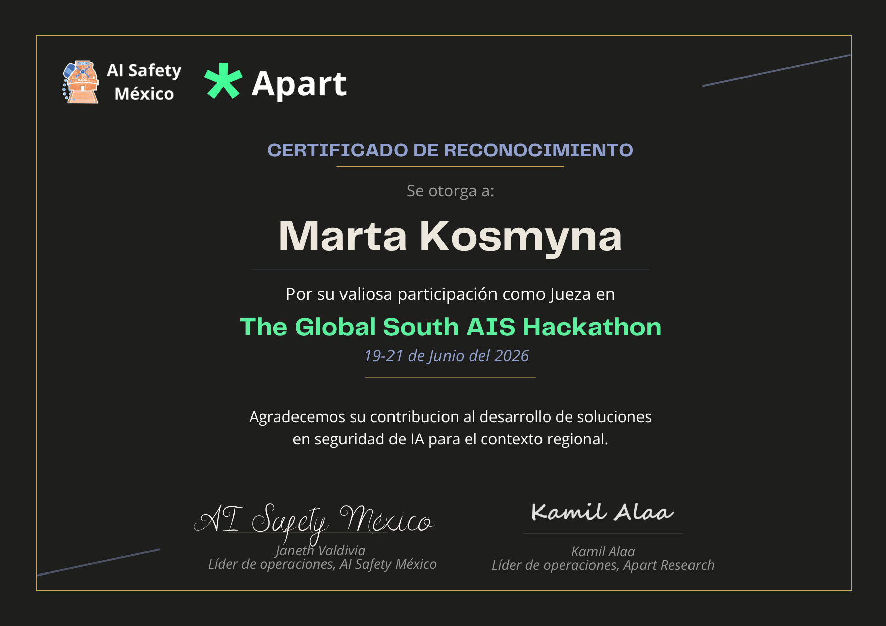 Certificado de Marta Kosmyna