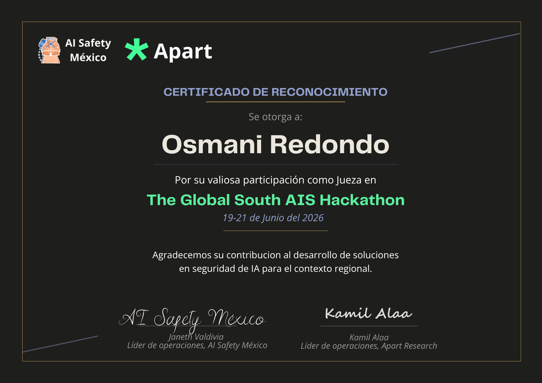 Certificado de Osmani Redondo