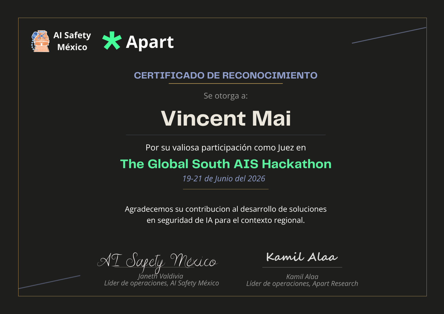 Certificado de Vincent Mai