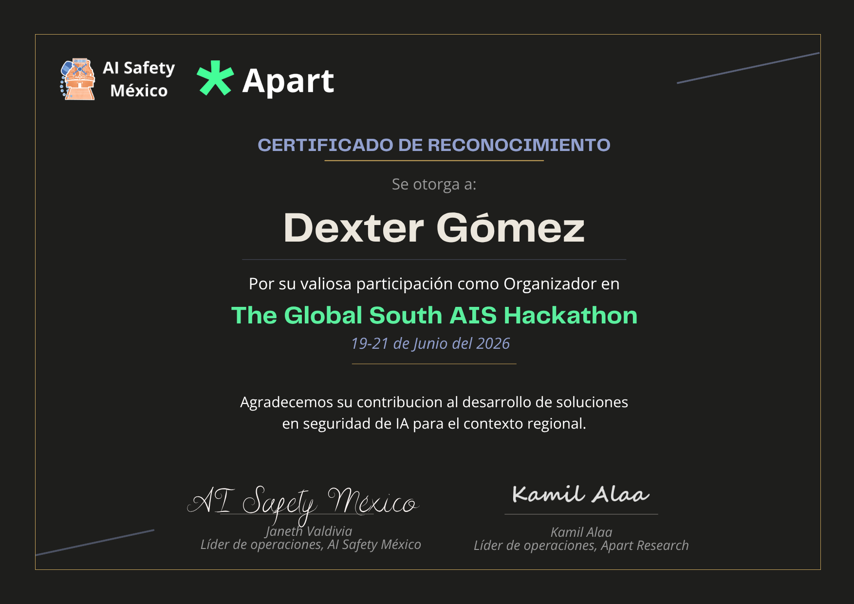 Certificado de Dexter Gomez
