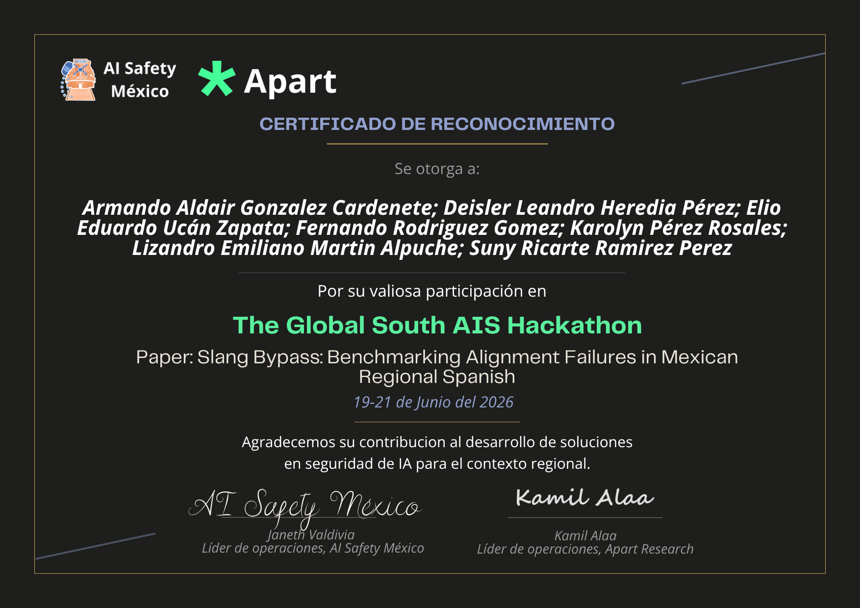Certificado de Armando Aldair Gonzalez Cardenete; Deisler Leandro Heredia Pérez; Elio Eduardo Ucán Zapata; Fernando Rodriguez Gomez; Karolyn Pérez Rosales; Lizandro Emiliano Martin Alpuche; Suny Ricarte Ramirez Perez