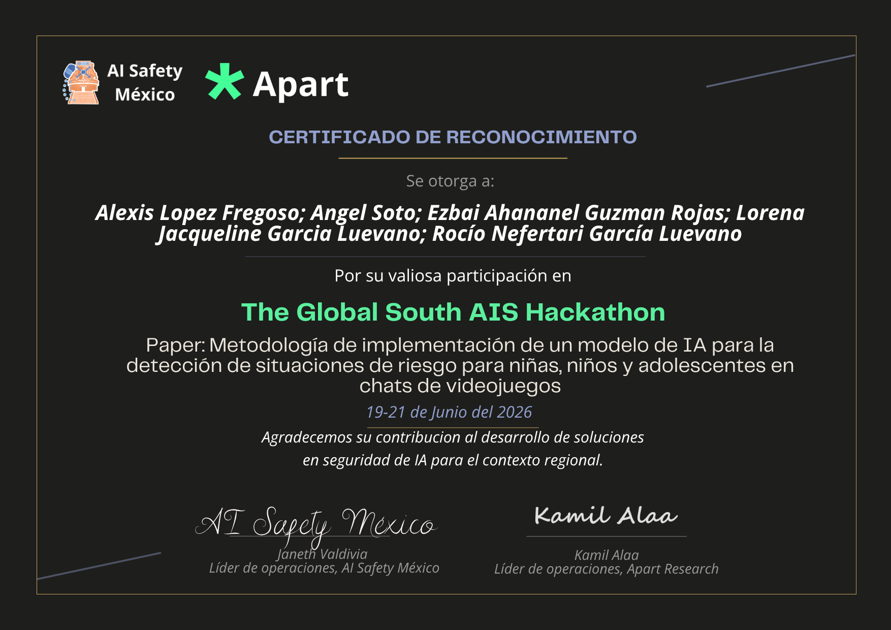 Certificado de Alexis Lopez Fregoso; Angel Soto; Ezbai Ahananel Guzman Rojas; Lorena Jacqueline Garcia Luevano; Rocío Nefertari García Luevano