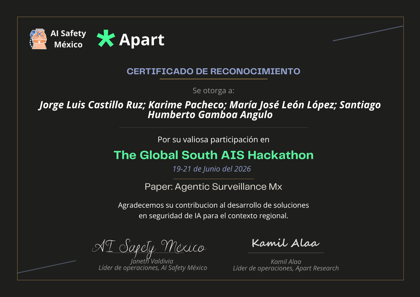 Certificado de Jorge Luis Castillo Ruz; Karime Pacheco; María José León López; Santiago Humberto Gamboa Angulo