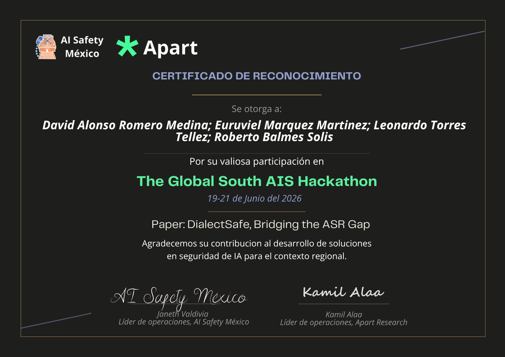 Certificado de David Alonso Romero Medina; Euruviel Marquez Martinez; Leonardo Torres Tellez; Roberto Balmes Solis