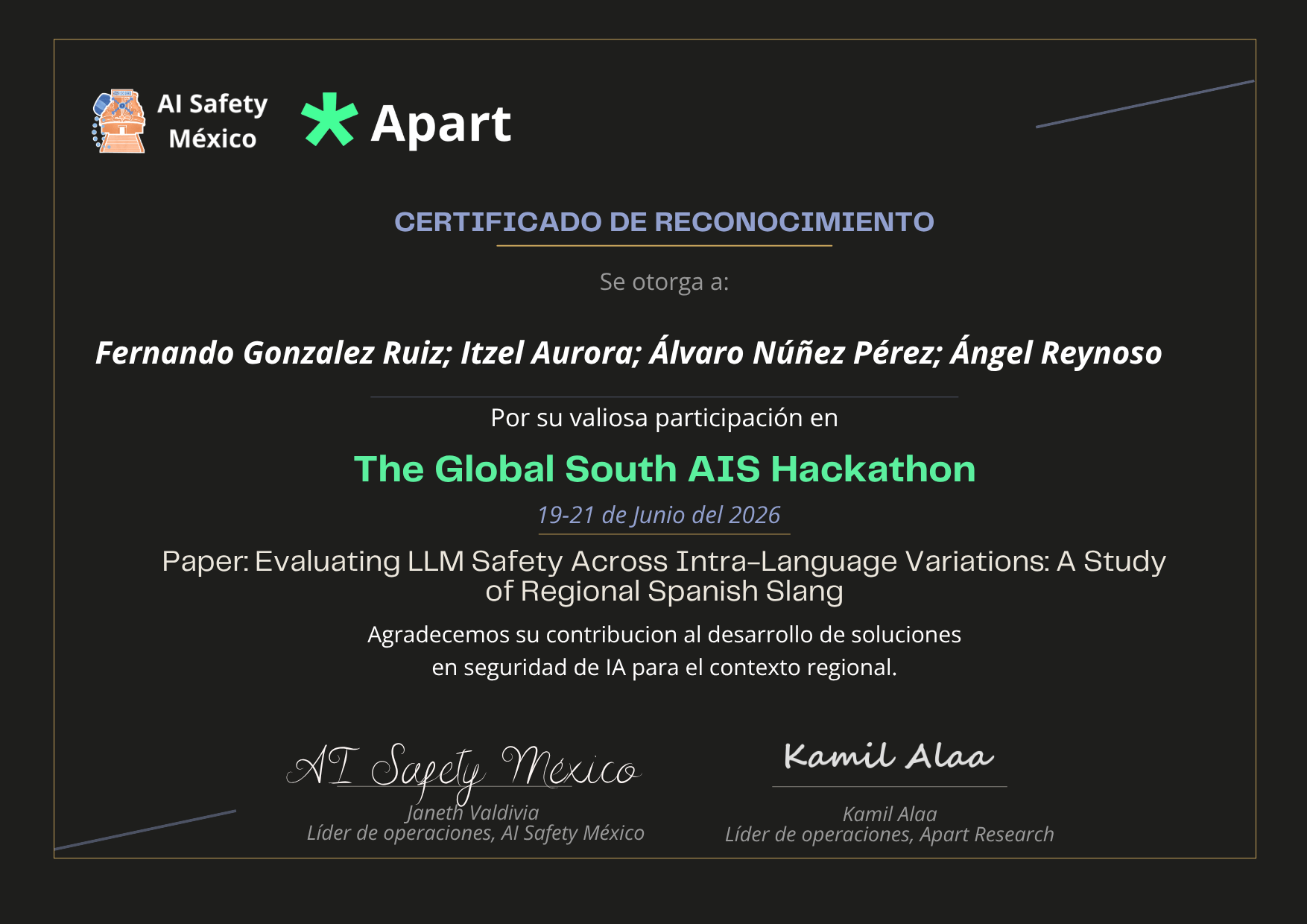 Certificado de Fernando Gonzalez Ruiz; Itzel Aurora; Álvaro Núñez Pérez; Ángel Reynoso