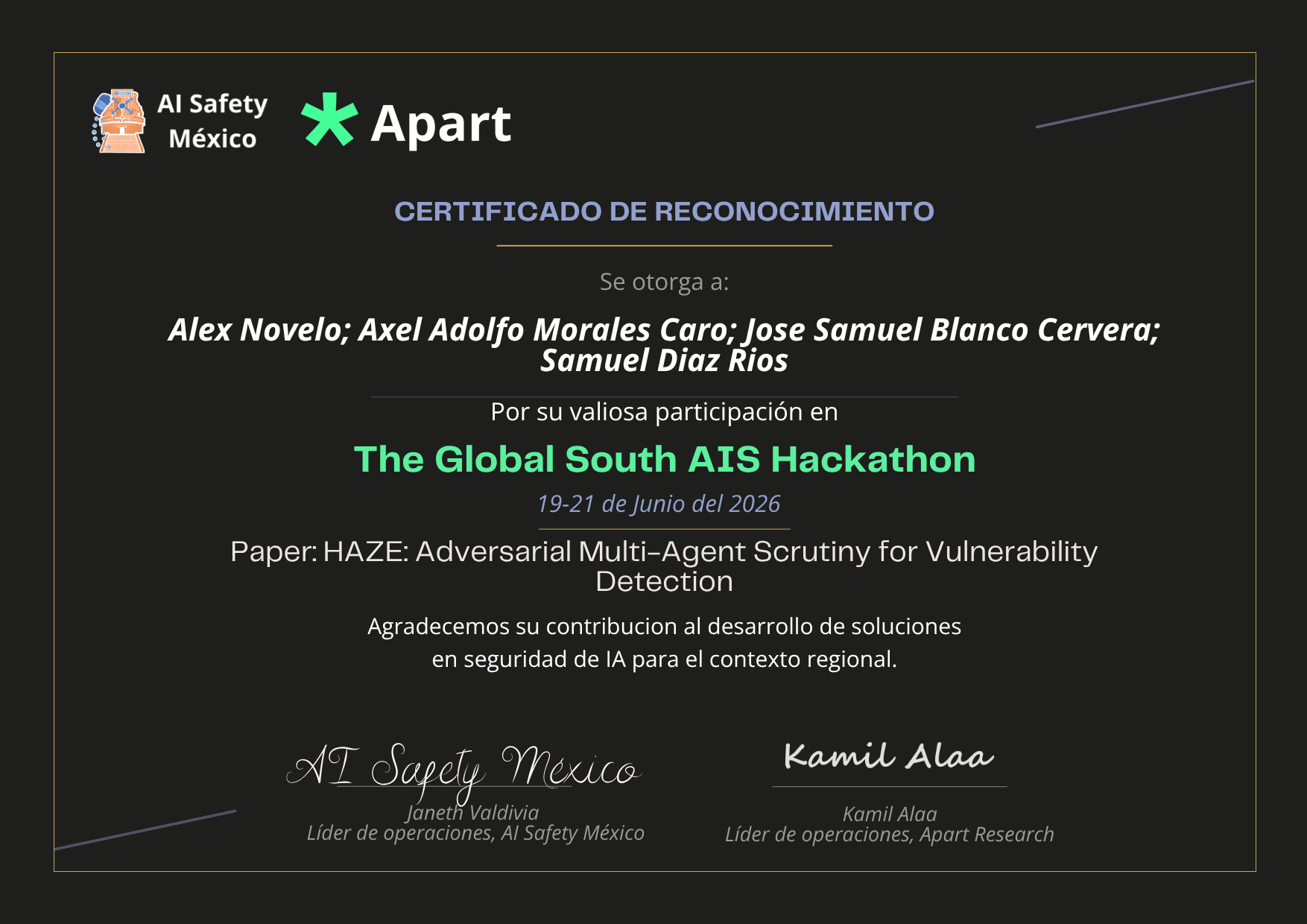 Certificado de Alex Novelo; Axel Adolfo Morales Caro; Jose Samuel Blanco Cervera; Samuel Diaz Rios