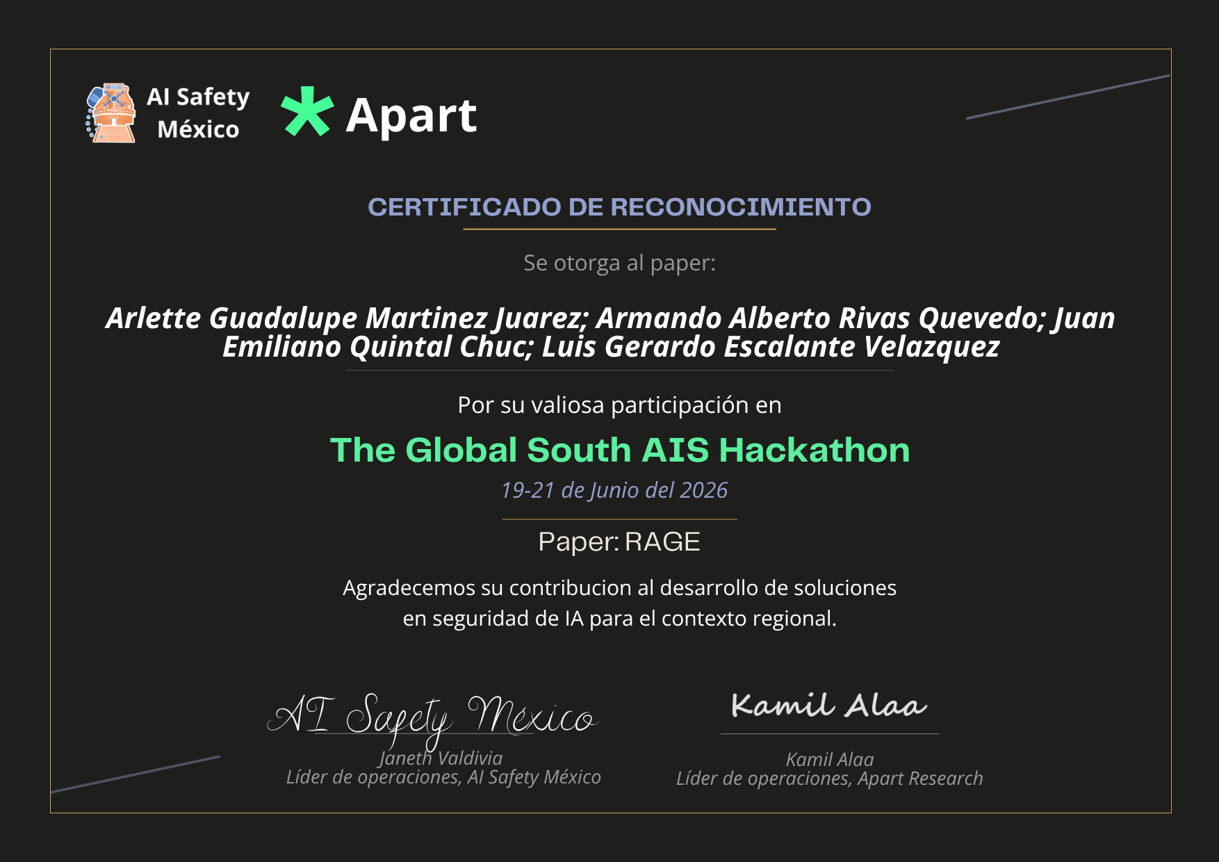 Certificado de Arlette Guadalupe Martinez Juarez; Armando Alberto Rivas Quevedo; Juan Emiliano Quintal Chuc; Luis Gerardo Escalante Velazquez