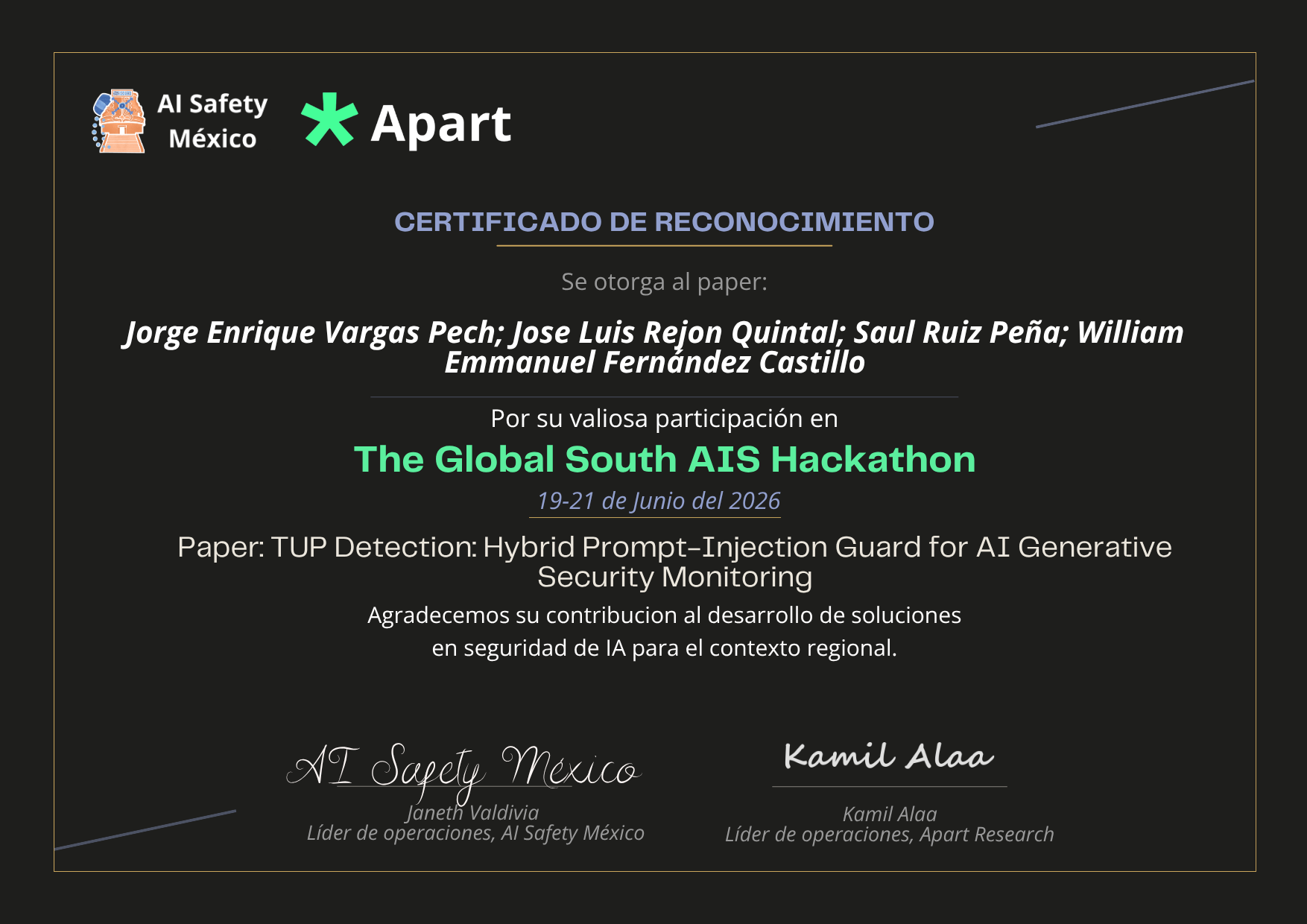Certificado de Jorge Enrique Vargas Pech; Jose Luis Rejon Quintal; Saul Ruiz Peña; William Emmanuel Fernández Castillo