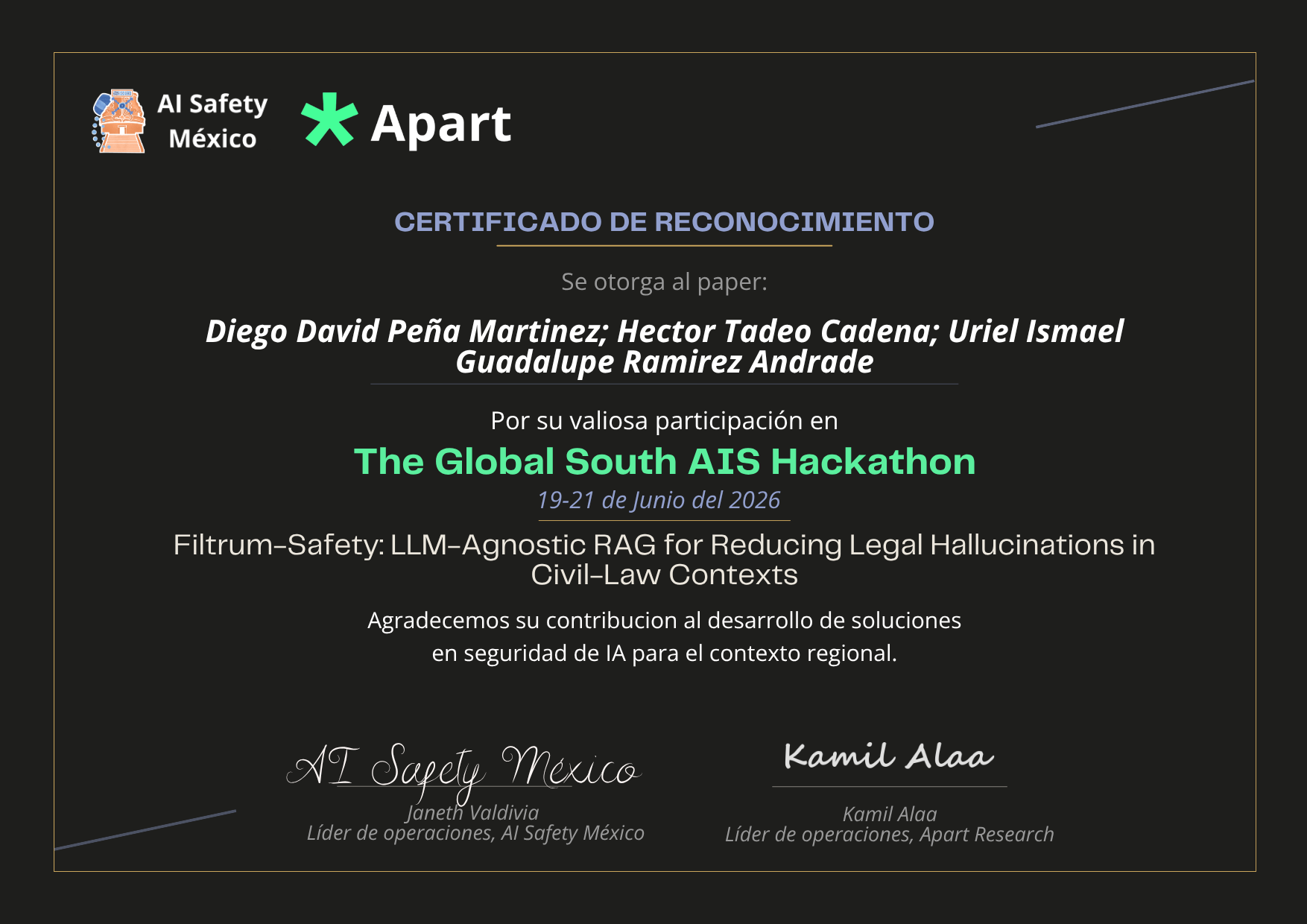 Certificado de Diego David Peña Martinez; Hector Tadeo Cadena; Uriel Ismael Guadalupe Ramirez Andrade