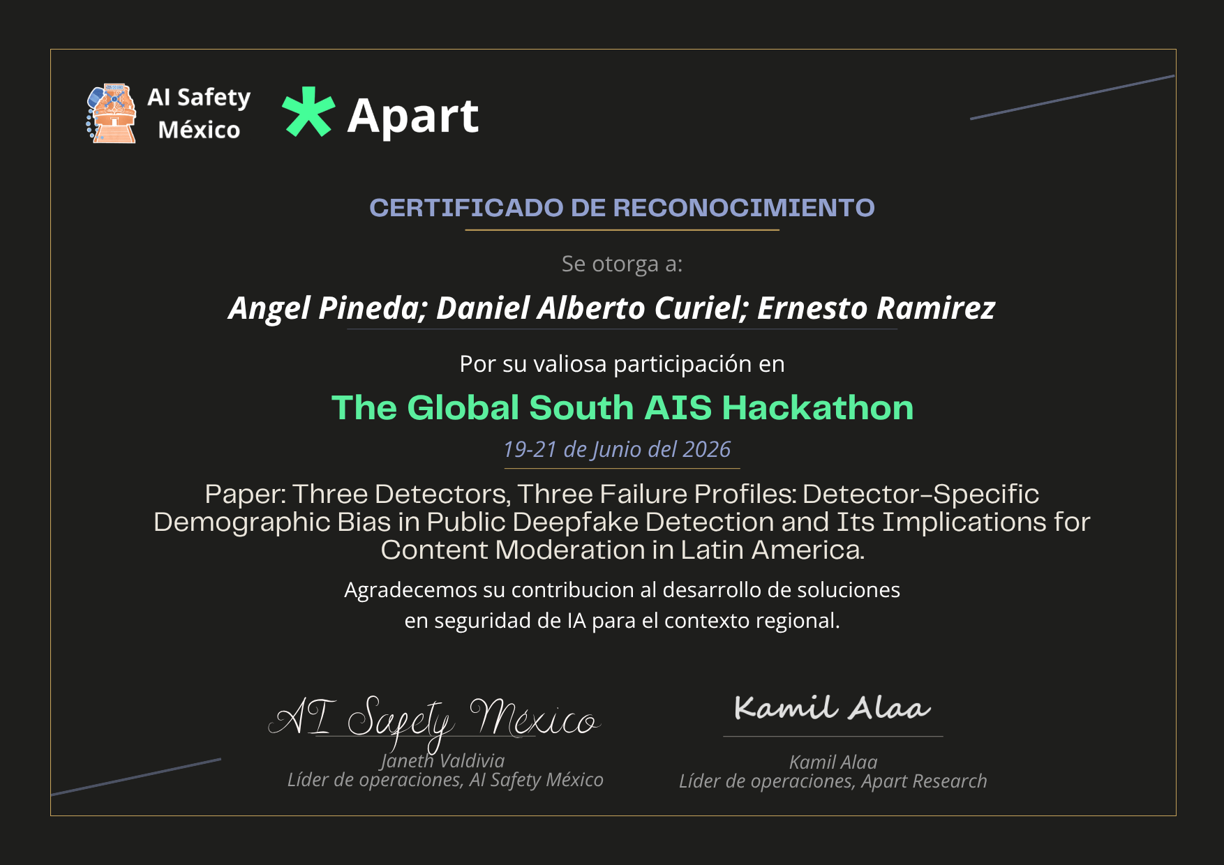Certificado de Angel Pineda; Daniel Alberto Curiel; Ernesto Ramirez