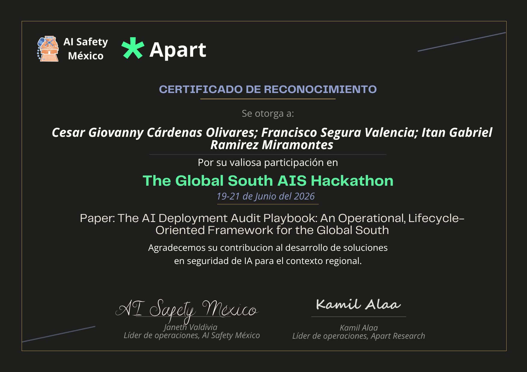 Certificado de Cesar Giovanny Cárdenas Olivares; Francisco Segura Valencia; Iltan Gabriel Ramirez Miramontes