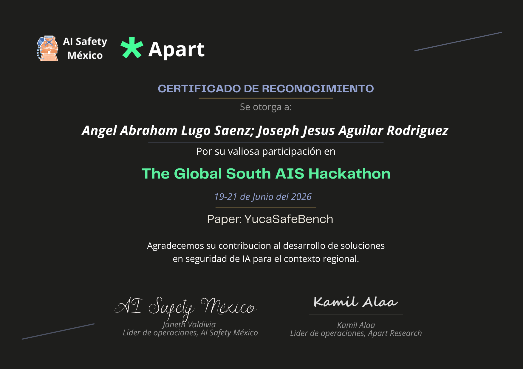 Certificado de Angel Abraham Lugo Saenz; Joseph Jesus Aguilar Rodriguez