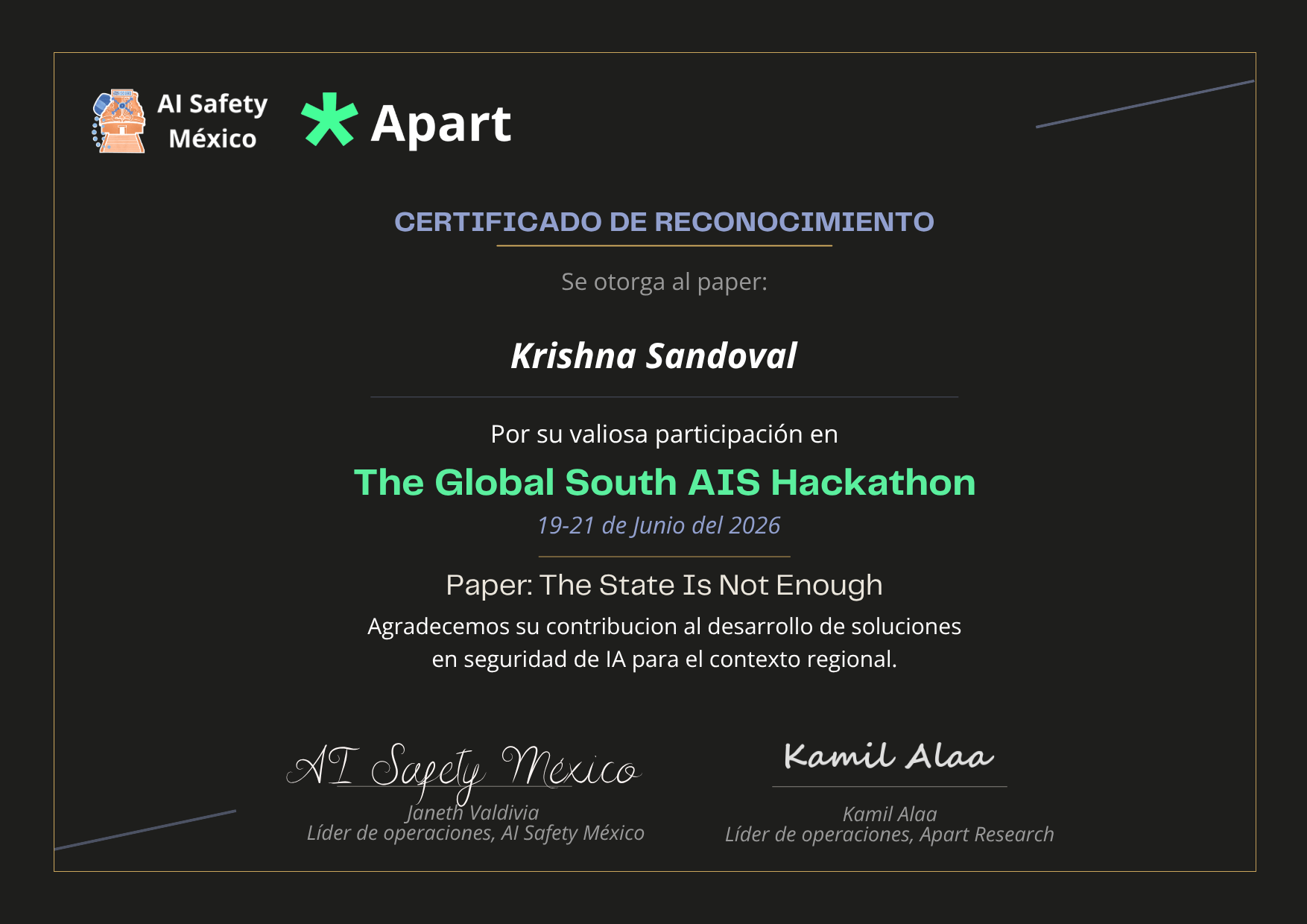 Certificado de Krishna Sandoval