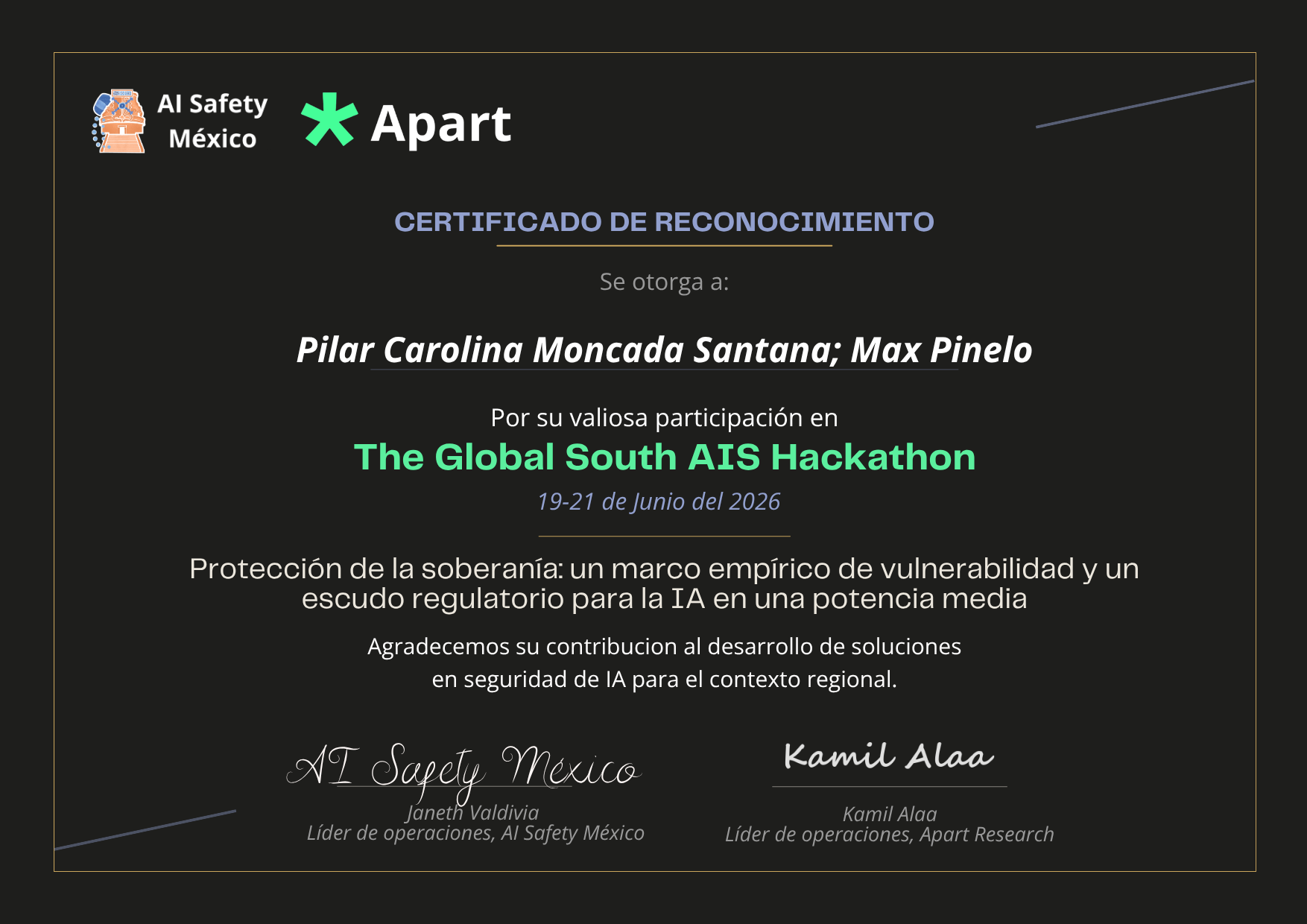 Certificado de Pilar Carolina Moncada Santana; Max Pinelo