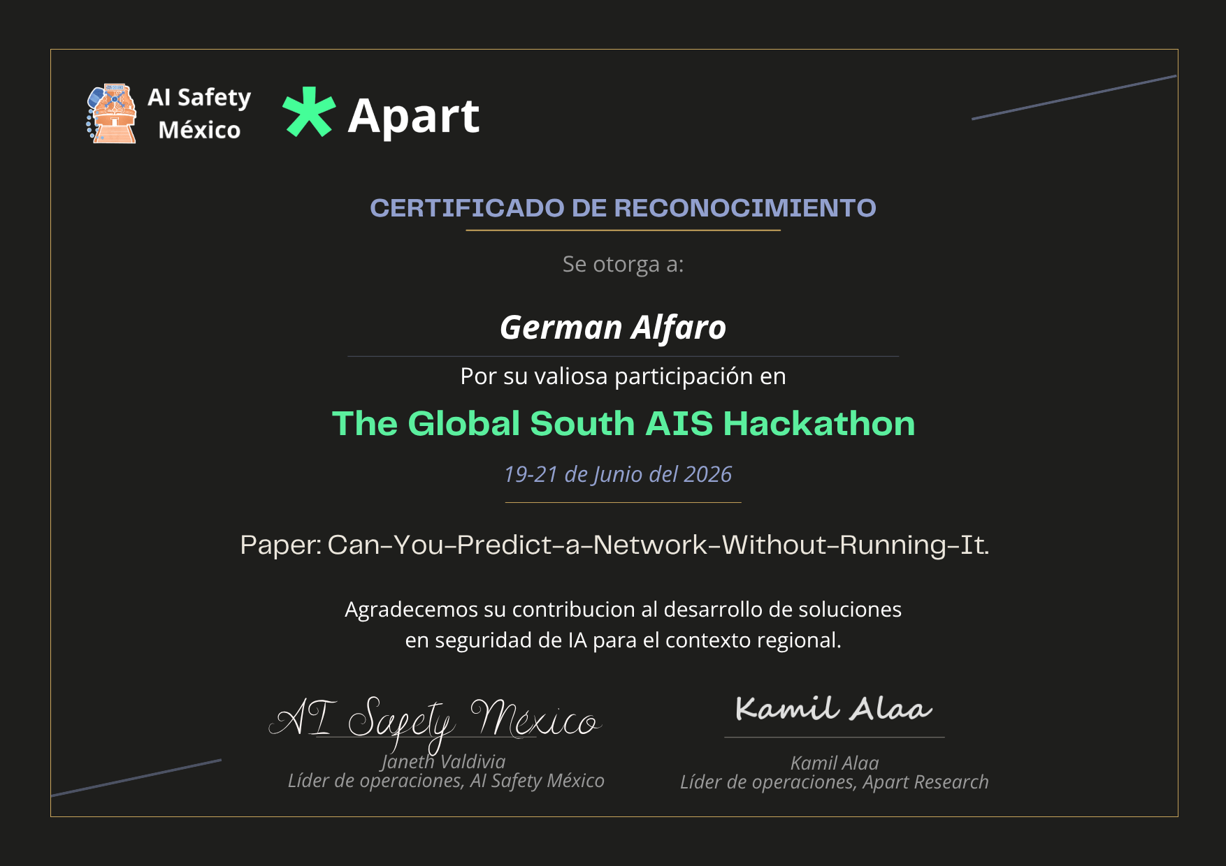Certificado de German Alfaro