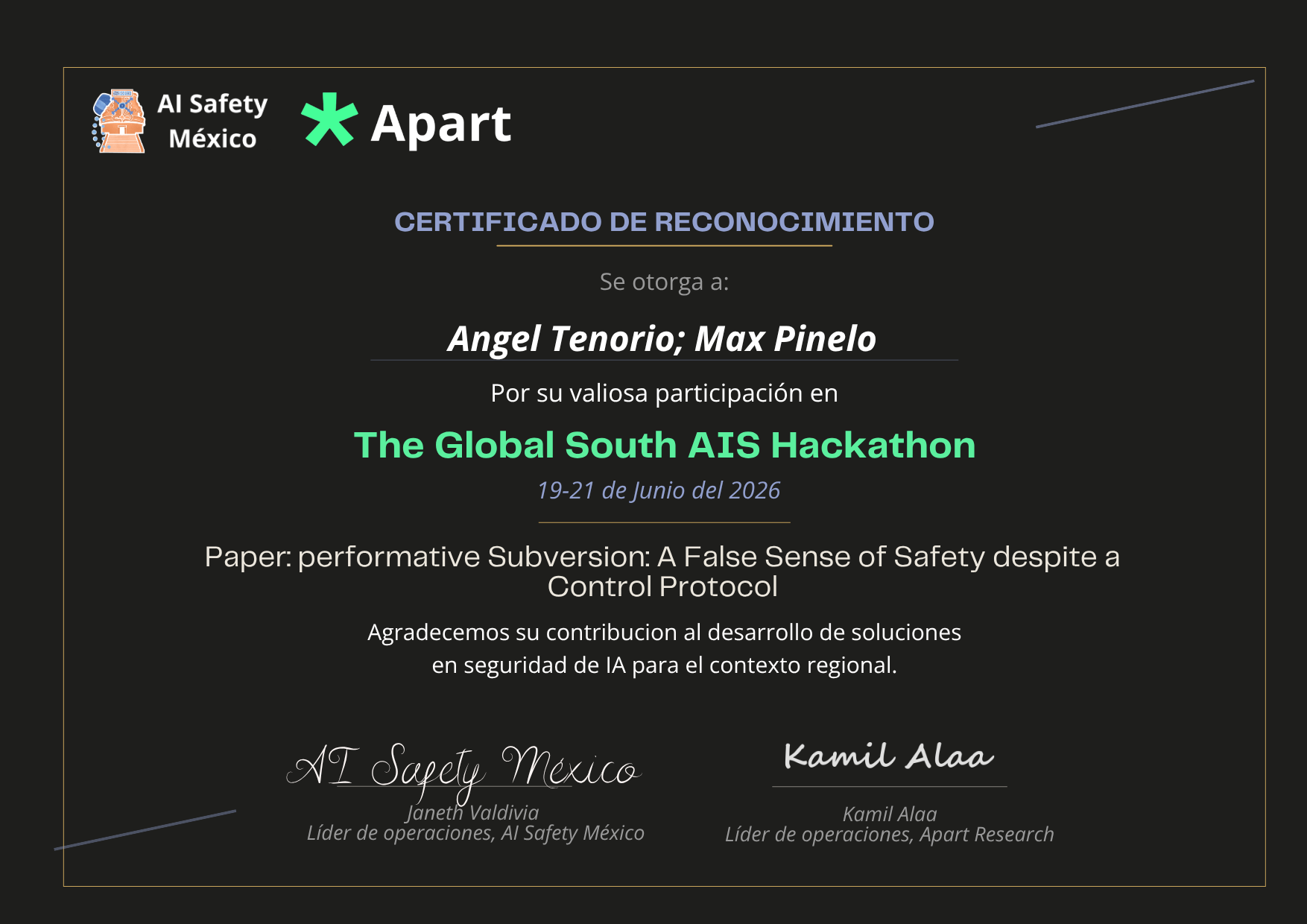Certificado de Angel Tenorio; Max Pinelo