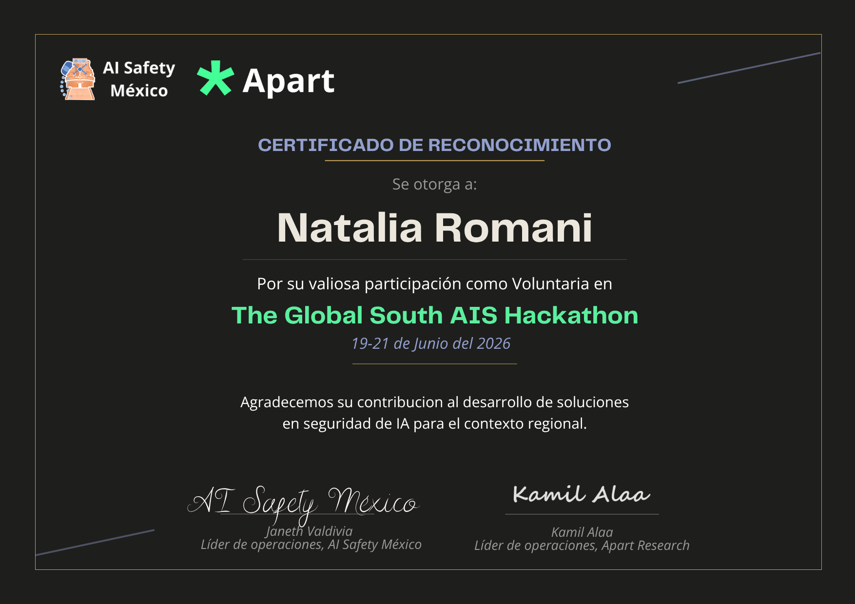 Certificado de Natalia Romani