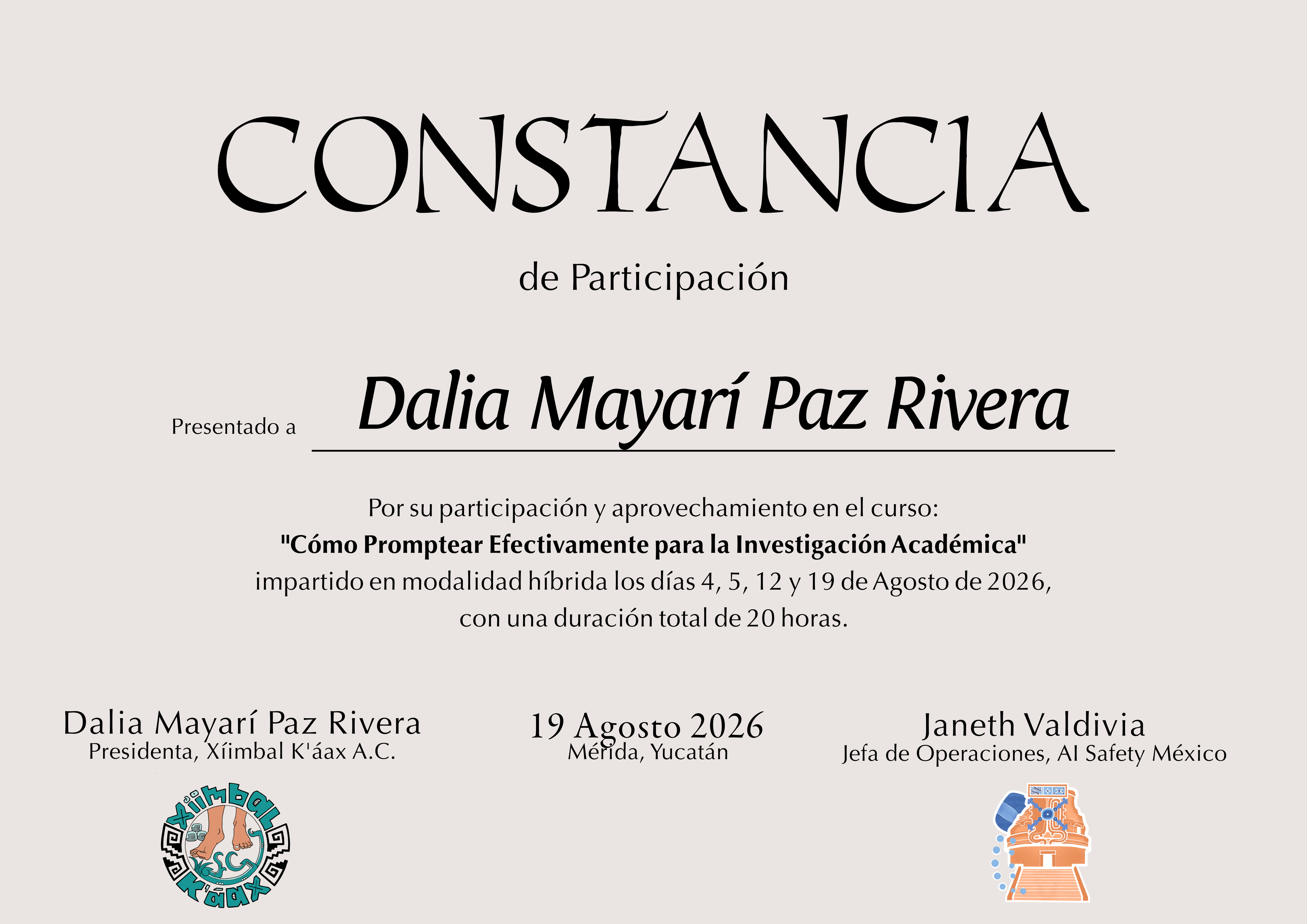 Certificado de Dalia Mayarí Paz Rivera
