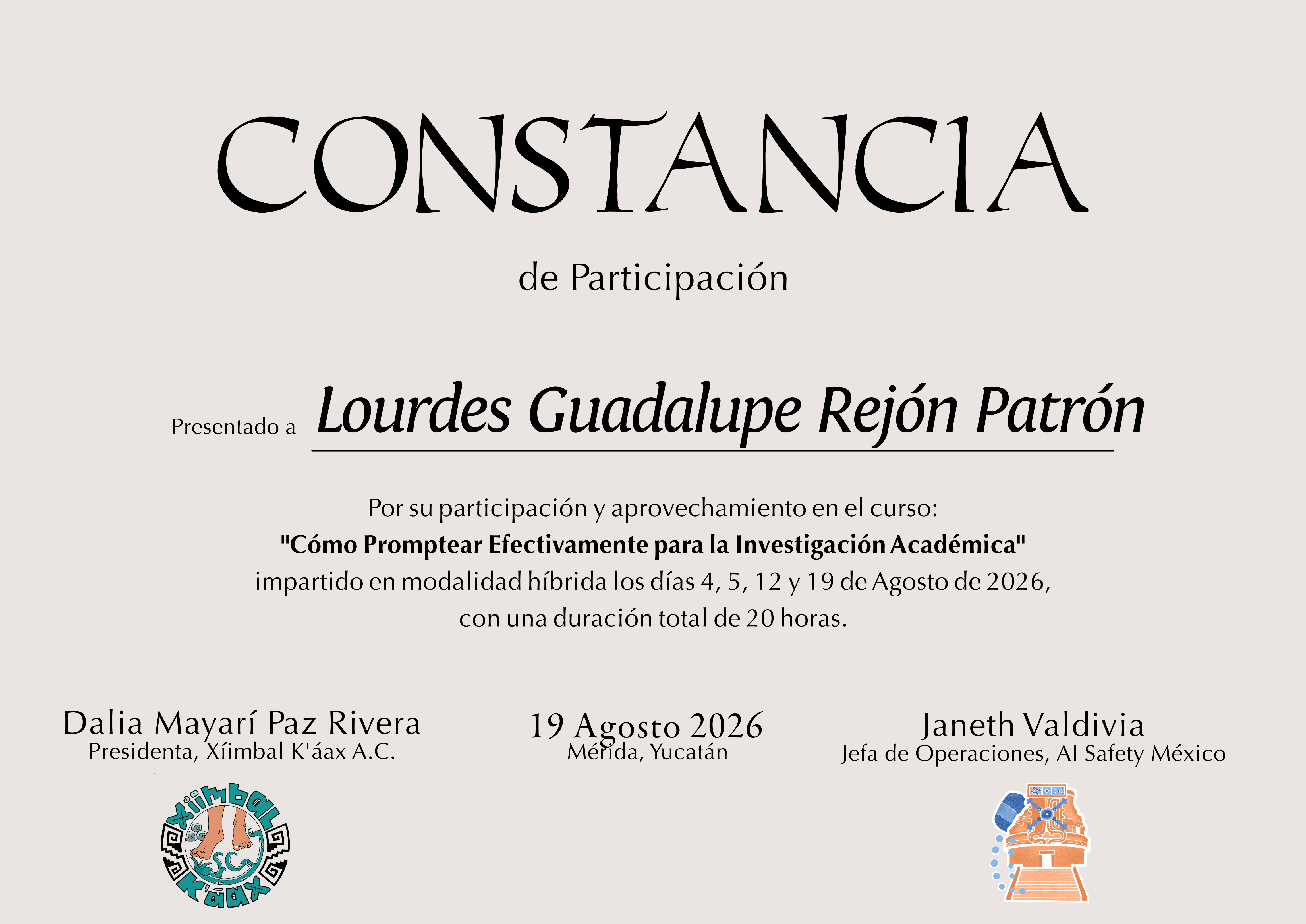 Certificado de Lourdes Guadalupe Rejón Patrón
