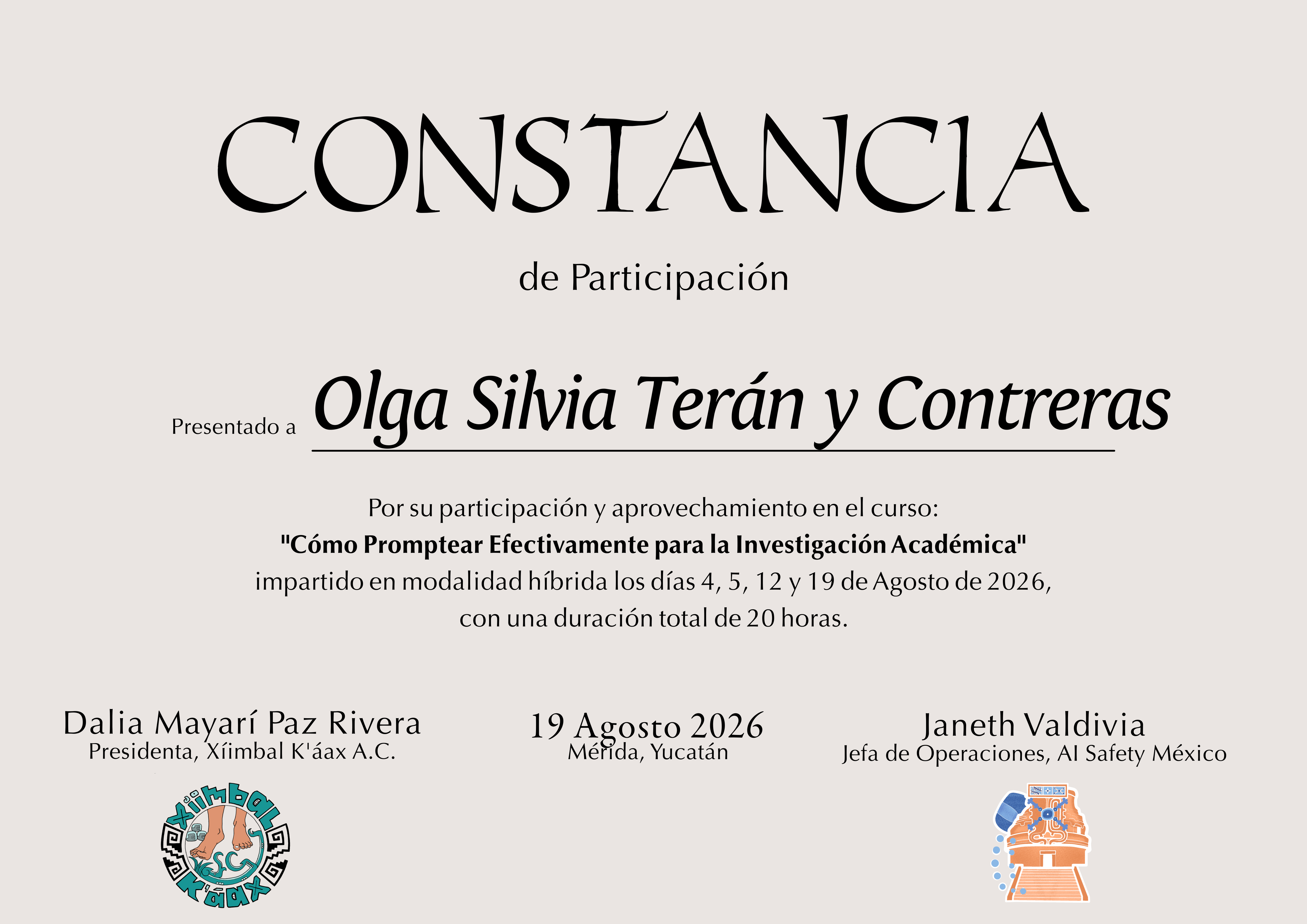 Certificado de Olga Silvia Terán y Contreras